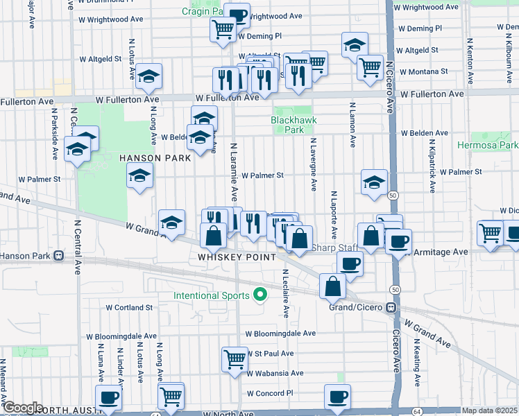 map of restaurants, bars, coffee shops, grocery stores, and more near 2109 North Leamington Avenue in Chicago