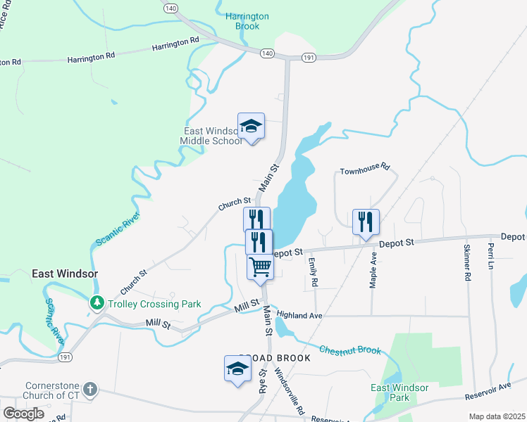 map of restaurants, bars, coffee shops, grocery stores, and more near 81 Main Street in East Windsor