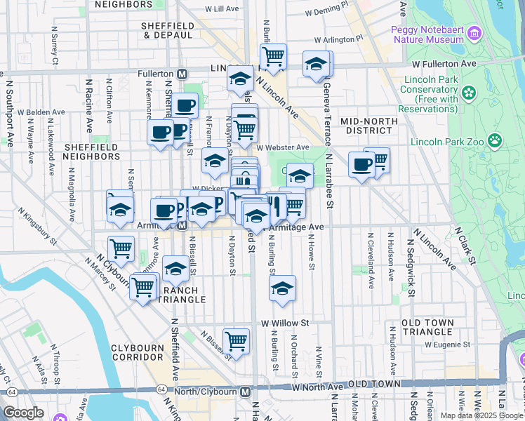 map of restaurants, bars, coffee shops, grocery stores, and more near 2026 North Burling Street in Chicago