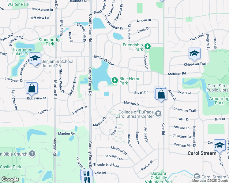 map of restaurants, bars, coffee shops, grocery stores, and more near 653 Tahoe Court in Carol Stream