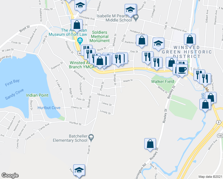 map of restaurants, bars, coffee shops, grocery stores, and more near 39 Rockwell Street in Winsted