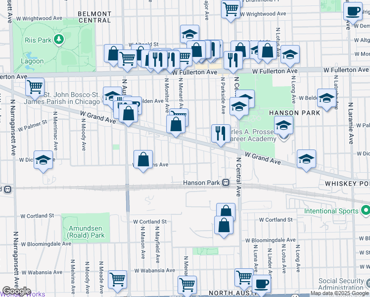 map of restaurants, bars, coffee shops, grocery stores, and more near 2134 North Menard Avenue in Chicago