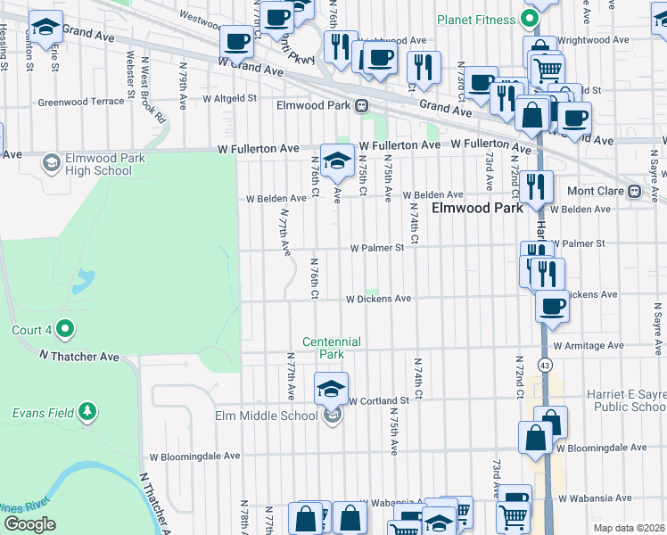 map of restaurants, bars, coffee shops, grocery stores, and more near 2132 North 76th Avenue in Chicago