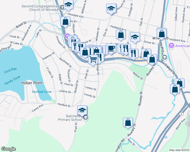 map of restaurants, bars, coffee shops, grocery stores, and more near 39 Rockwell Street in Winsted