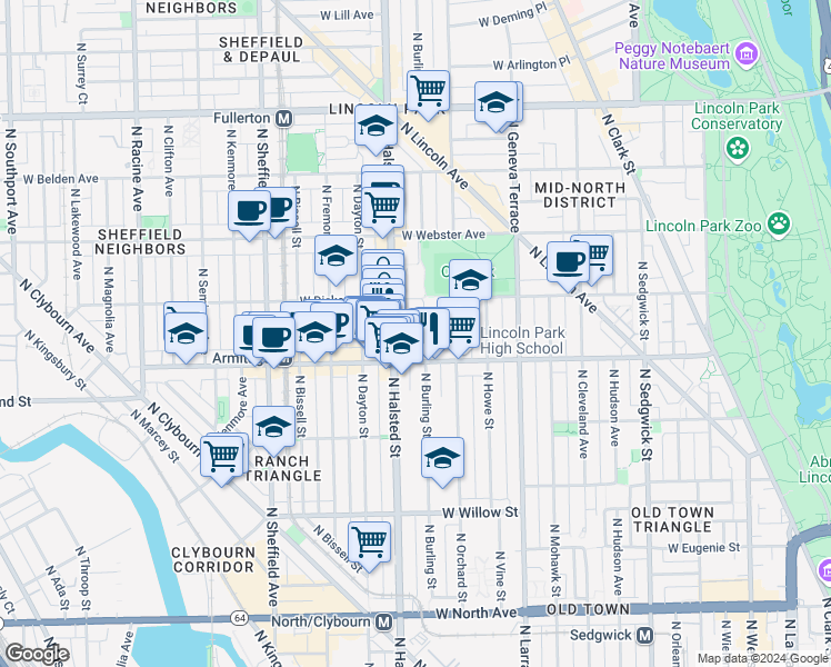 map of restaurants, bars, coffee shops, grocery stores, and more near 2026 North Burling Street in Chicago