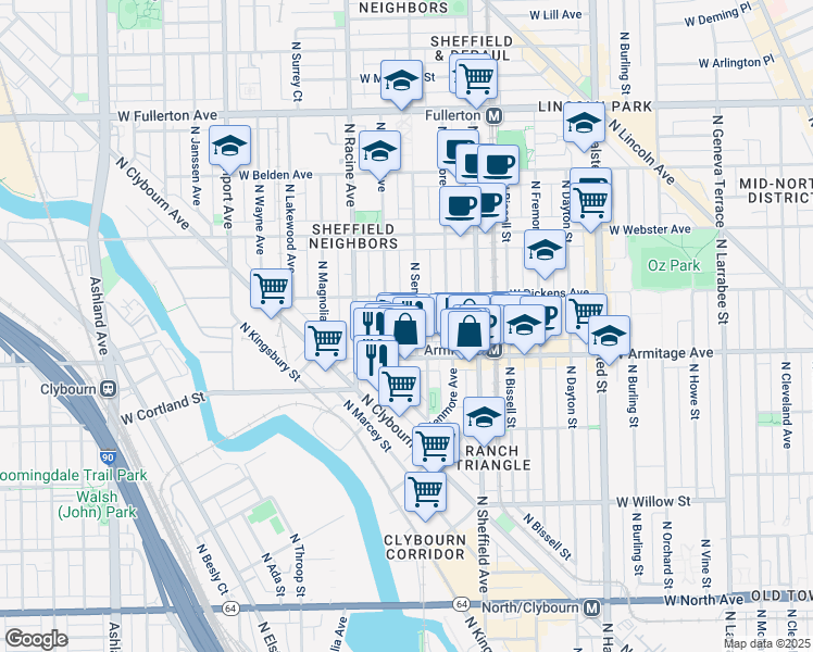 map of restaurants, bars, coffee shops, grocery stores, and more near 2033 North Seminary Avenue in Chicago