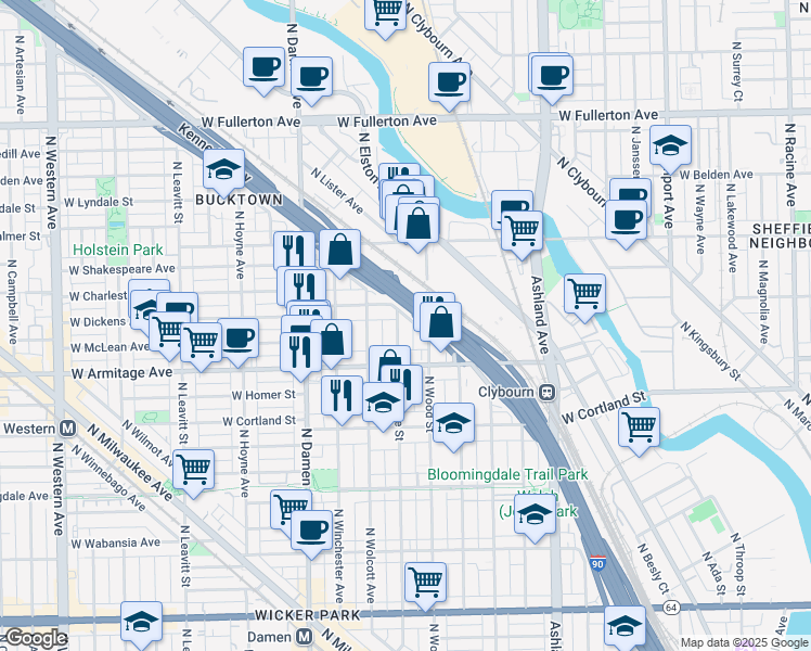 map of restaurants, bars, coffee shops, grocery stores, and more near 2039 North Honore Street in Chicago