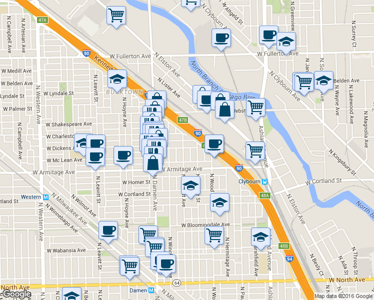 map of restaurants, bars, coffee shops, grocery stores, and more near 2039 North Wolcott Avenue in Chicago