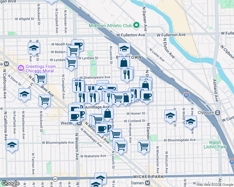 map of restaurants, bars, coffee shops, grocery stores, and more near 2049 North Leavitt Street in Chicago
