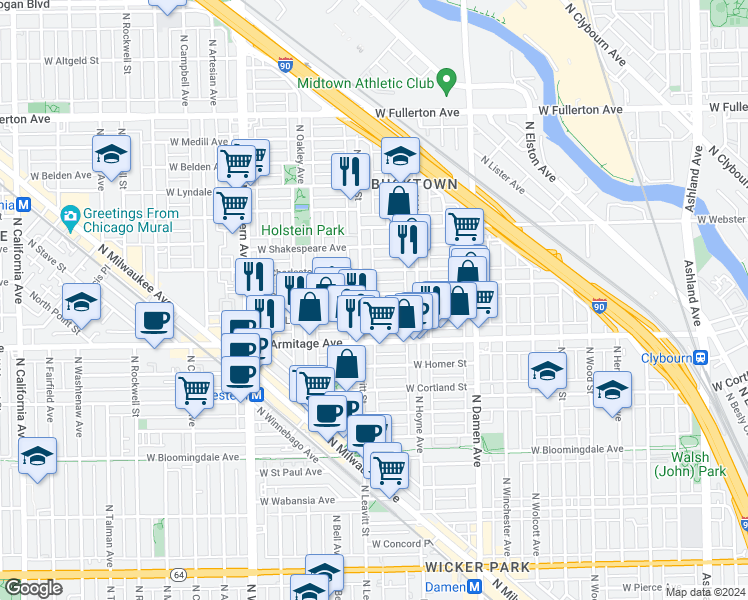 map of restaurants, bars, coffee shops, grocery stores, and more near 2049 North Leavitt Street in Chicago