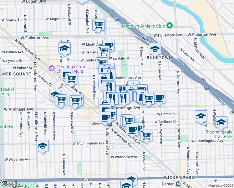 map of restaurants, bars, coffee shops, grocery stores, and more near 2044 North Oakley Avenue in Chicago