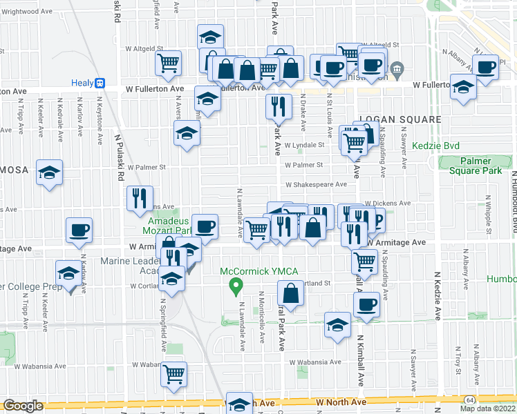 map of restaurants, bars, coffee shops, grocery stores, and more near 3645 West Dickens Avenue in Chicago