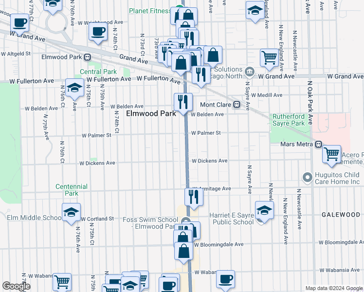 map of restaurants, bars, coffee shops, grocery stores, and more near 2123 North 72nd Court in Elmwood Park