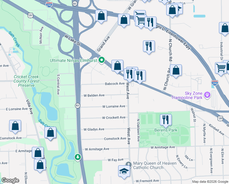 map of restaurants, bars, coffee shops, grocery stores, and more near 565 West Belden Avenue in Elmhurst