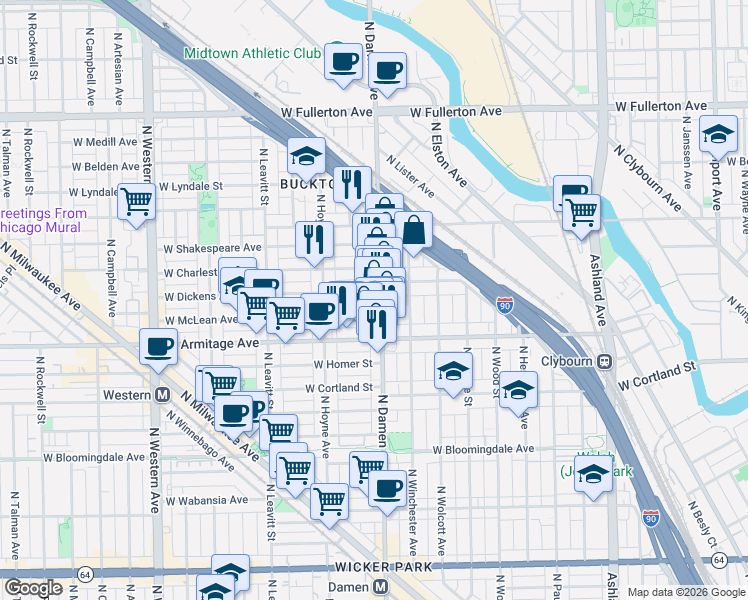 map of restaurants, bars, coffee shops, grocery stores, and more near 2040 North Damen Avenue in Chicago