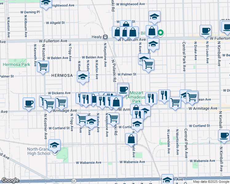 map of restaurants, bars, coffee shops, grocery stores, and more near North Pulaski Road & West Dickens Avenue in Chicago