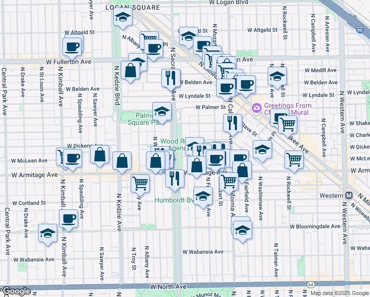 map of restaurants, bars, coffee shops, grocery stores, and more near 2053 North Humboldt Boulevard in Chicago