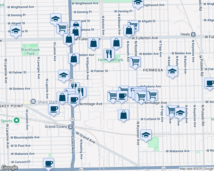 map of restaurants, bars, coffee shops, grocery stores, and more near 4550 W Dickens Ave in Chicago