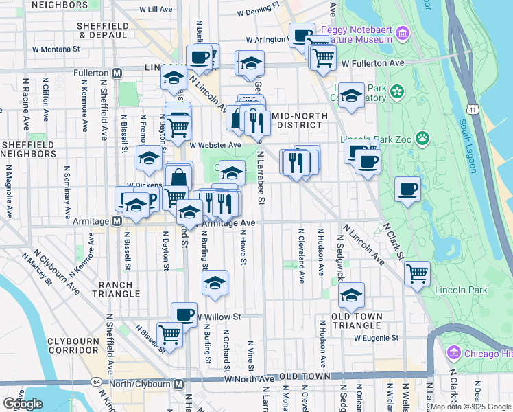 map of restaurants, bars, coffee shops, grocery stores, and more near 2037 North Larrabee Street in Chicago