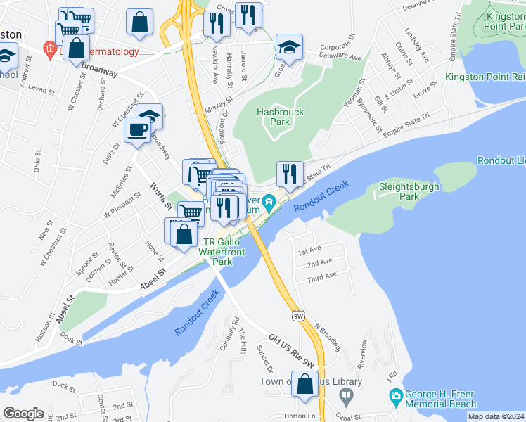 map of restaurants, bars, coffee shops, grocery stores, and more near 63 Rondout Landing in Kingston