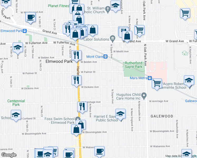map of restaurants, bars, coffee shops, grocery stores, and more near 2130 North Nordica Avenue in Chicago
