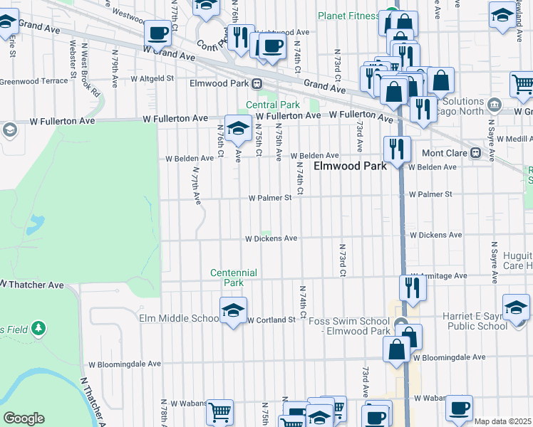 map of restaurants, bars, coffee shops, grocery stores, and more near 2131 North 75th Court in Elmwood Park