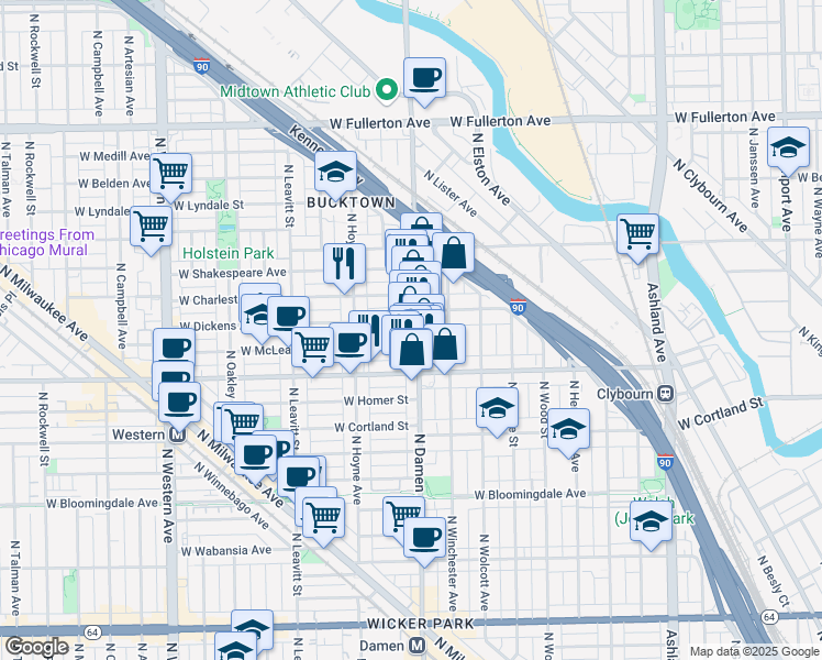 map of restaurants, bars, coffee shops, grocery stores, and more near 2042 North Damen Avenue in Chicago