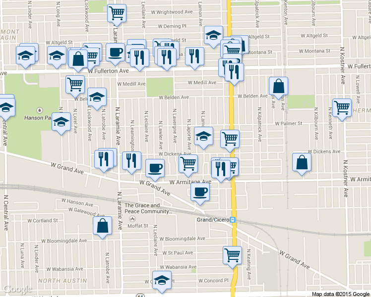 map of restaurants, bars, coffee shops, grocery stores, and more near 2108 North Laporte Avenue in Chicago