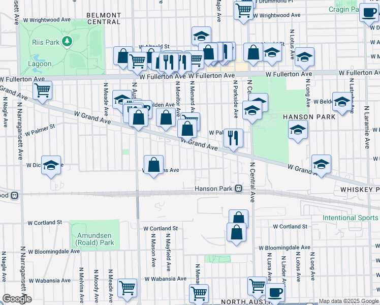 map of restaurants, bars, coffee shops, grocery stores, and more near 2134 North Menard Avenue in Chicago