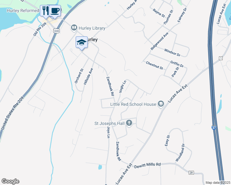 map of restaurants, bars, coffee shops, grocery stores, and more near 104 Benson Court in Hurley