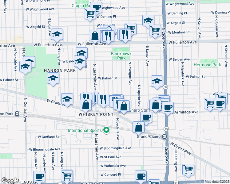 map of restaurants, bars, coffee shops, grocery stores, and more near 2109 North Leclaire Avenue in Chicago