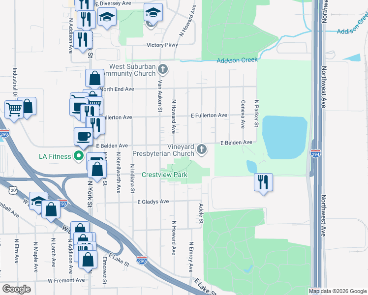 map of restaurants, bars, coffee shops, grocery stores, and more near 276 East Belden Avenue in Elmhurst