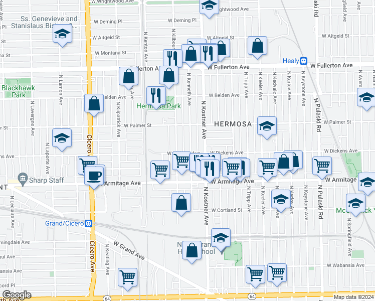 map of restaurants, bars, coffee shops, grocery stores, and more near 2102 North Kenneth Avenue in Chicago