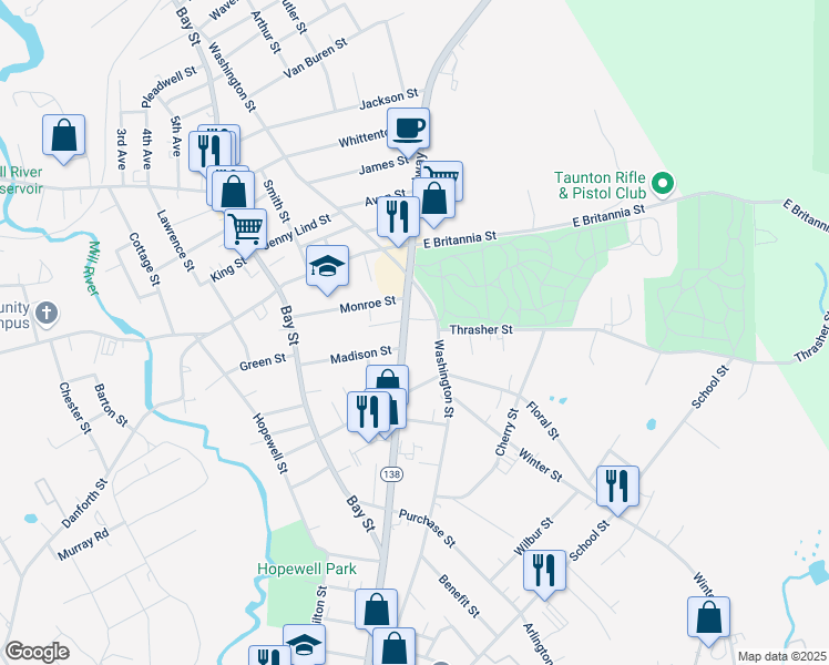map of restaurants, bars, coffee shops, grocery stores, and more near 213 Broadway in Taunton