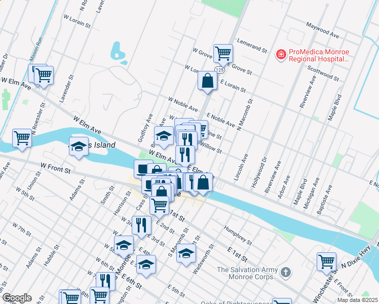 map of restaurants, bars, coffee shops, grocery stores, and more near 128 N Monroe St in Monroe