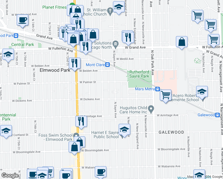 map of restaurants, bars, coffee shops, grocery stores, and more near 2132 North Sayre Avenue in Chicago