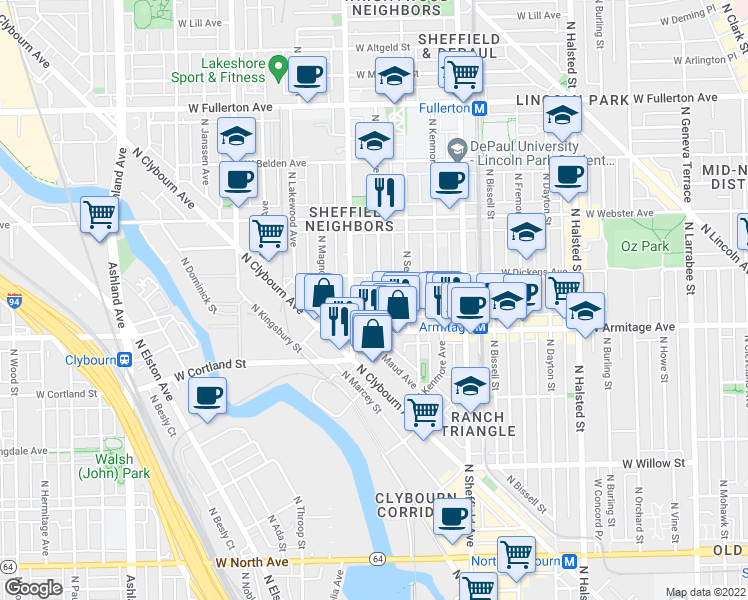 map of restaurants, bars, coffee shops, grocery stores, and more near 2032 North Clifton Avenue in Chicago