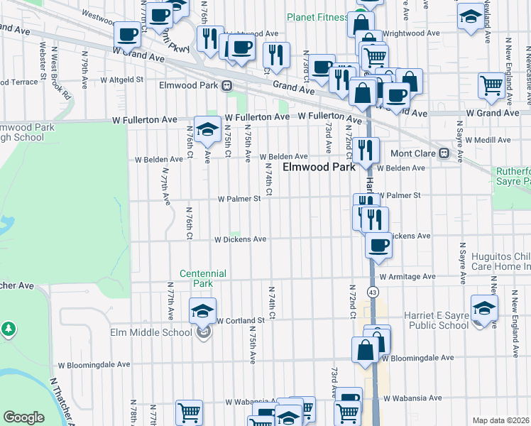 map of restaurants, bars, coffee shops, grocery stores, and more near 2130 North 74th Court in Elmwood Park