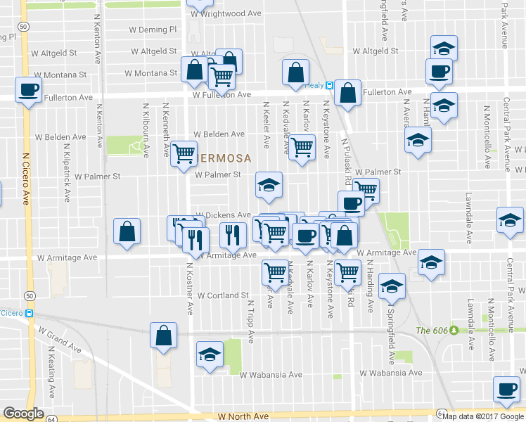map of restaurants, bars, coffee shops, grocery stores, and more near 4208 West Dickens Avenue in Chicago