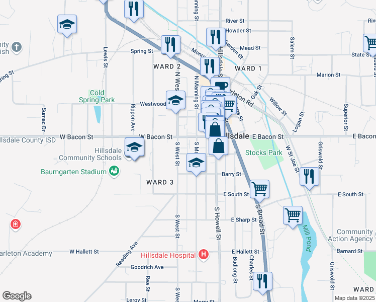 map of restaurants, bars, coffee shops, grocery stores, and more near 13 Waldron Street in Hillsdale