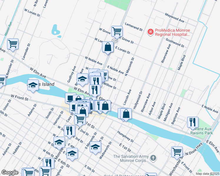 map of restaurants, bars, coffee shops, grocery stores, and more near 48 East Willow Street in Monroe