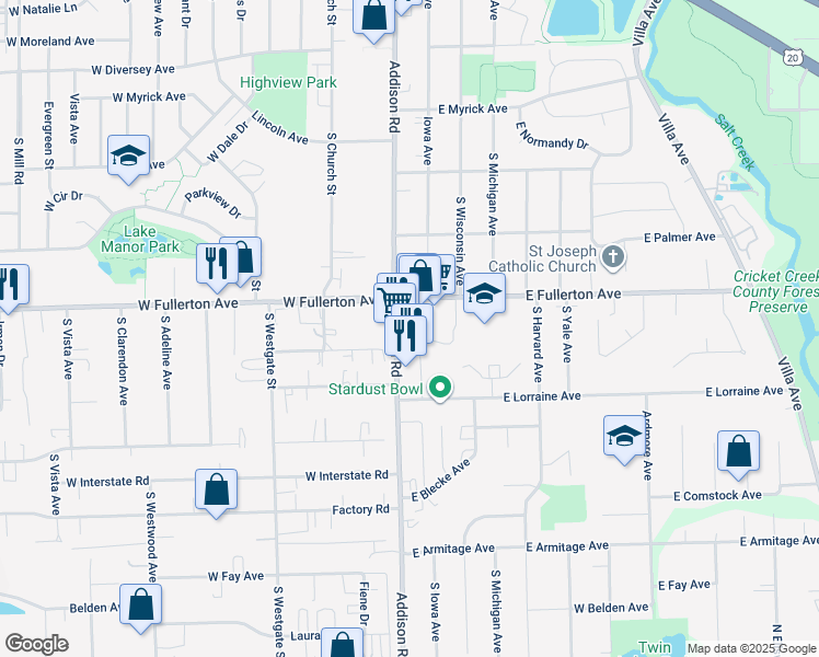 map of restaurants, bars, coffee shops, grocery stores, and more near 427 Addison Road in Addison