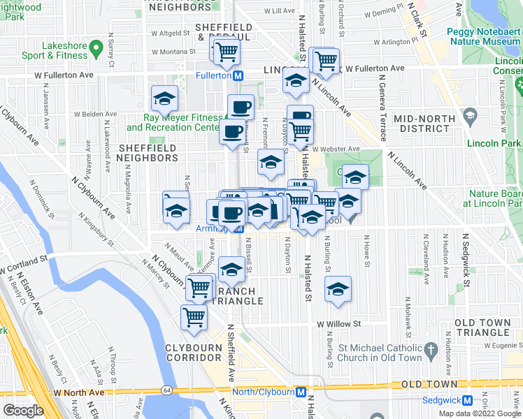 map of restaurants, bars, coffee shops, grocery stores, and more near 2024 North Fremont Street in Chicago