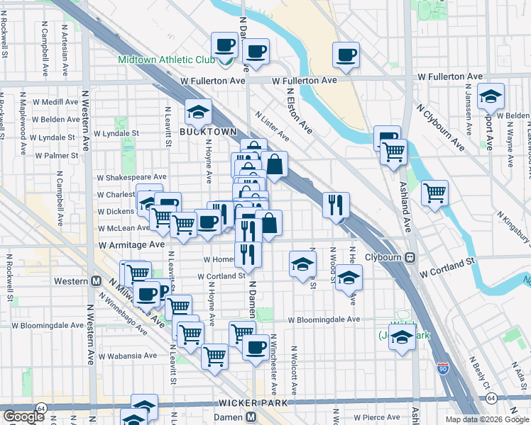 map of restaurants, bars, coffee shops, grocery stores, and more near 2048 North Winchester Avenue in Chicago