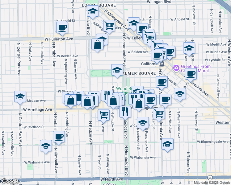 map of restaurants, bars, coffee shops, grocery stores, and more near 2053 North Whipple Street in Chicago