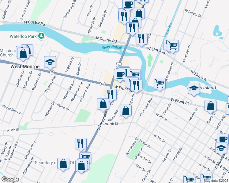 map of restaurants, bars, coffee shops, grocery stores, and more near 507 South Telegraph Road in Monroe