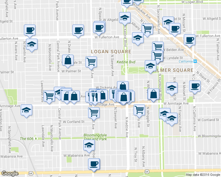 map of restaurants, bars, coffee shops, grocery stores, and more near 2056 North Sawyer Avenue in Chicago
