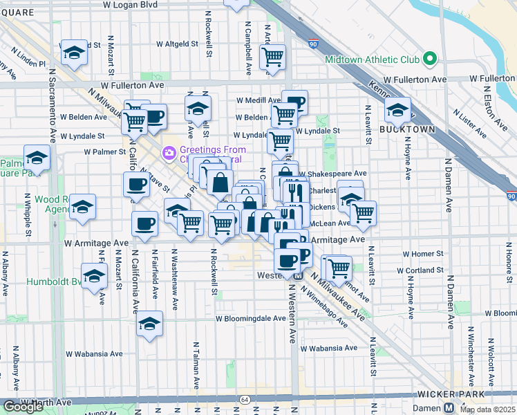 map of restaurants, bars, coffee shops, grocery stores, and more near 2047 North Milwaukee Avenue in Chicago