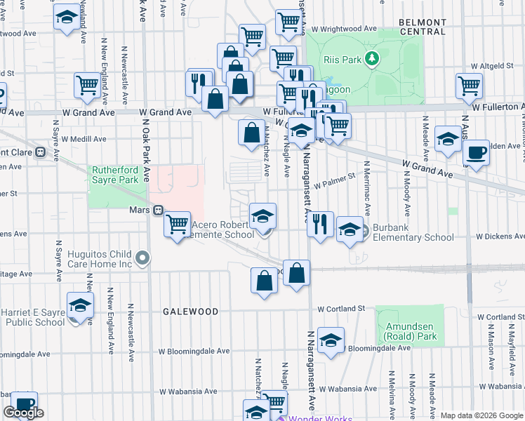 map of restaurants, bars, coffee shops, grocery stores, and more near 2125 North Natchez Avenue in Chicago