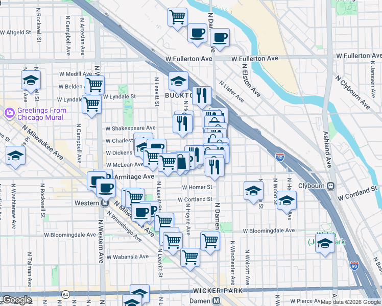 map of restaurants, bars, coffee shops, grocery stores, and more near 2049 West Dickens Avenue in Chicago